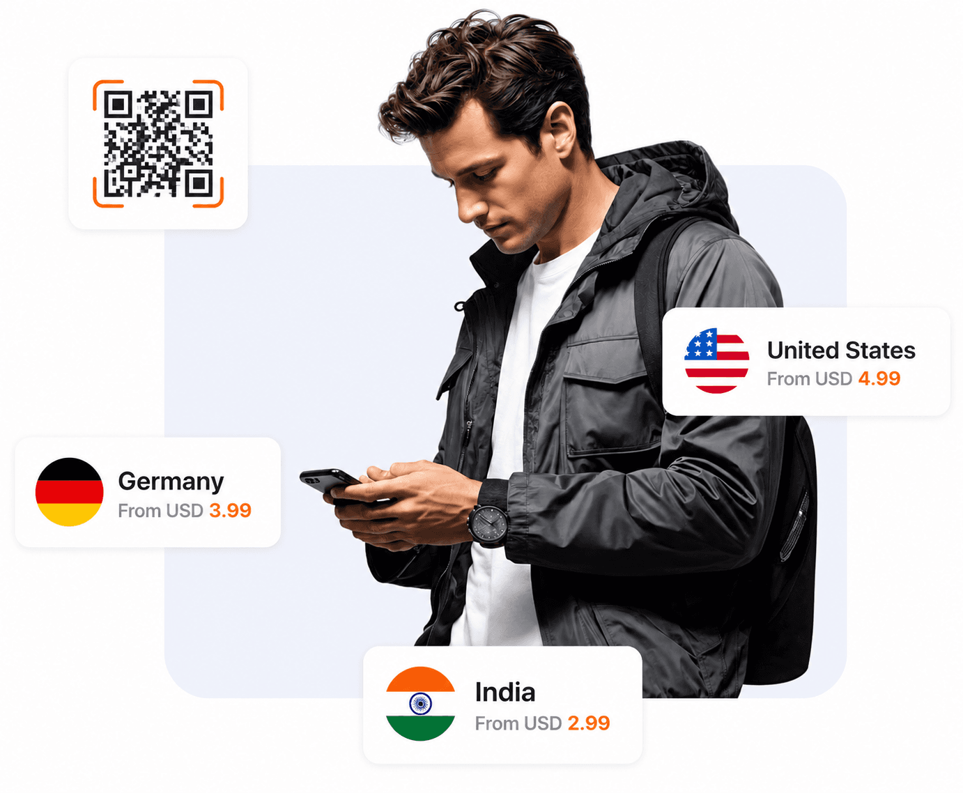 Person using an eSIM-connected smartphone with global plans